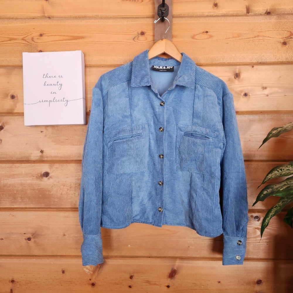 Jolie & Joy Blue Crop Corduroy Jacket Pocket Oversize Terrycloth Shacket Size‎ S